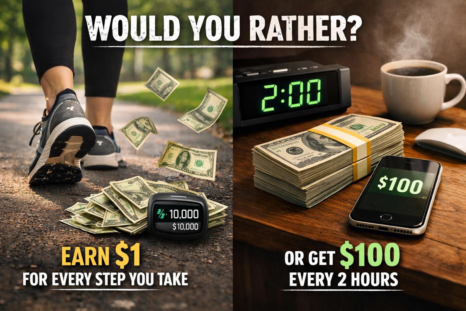 Would you rather earn $1 dollar for every step you take or $100 every 2 hours?