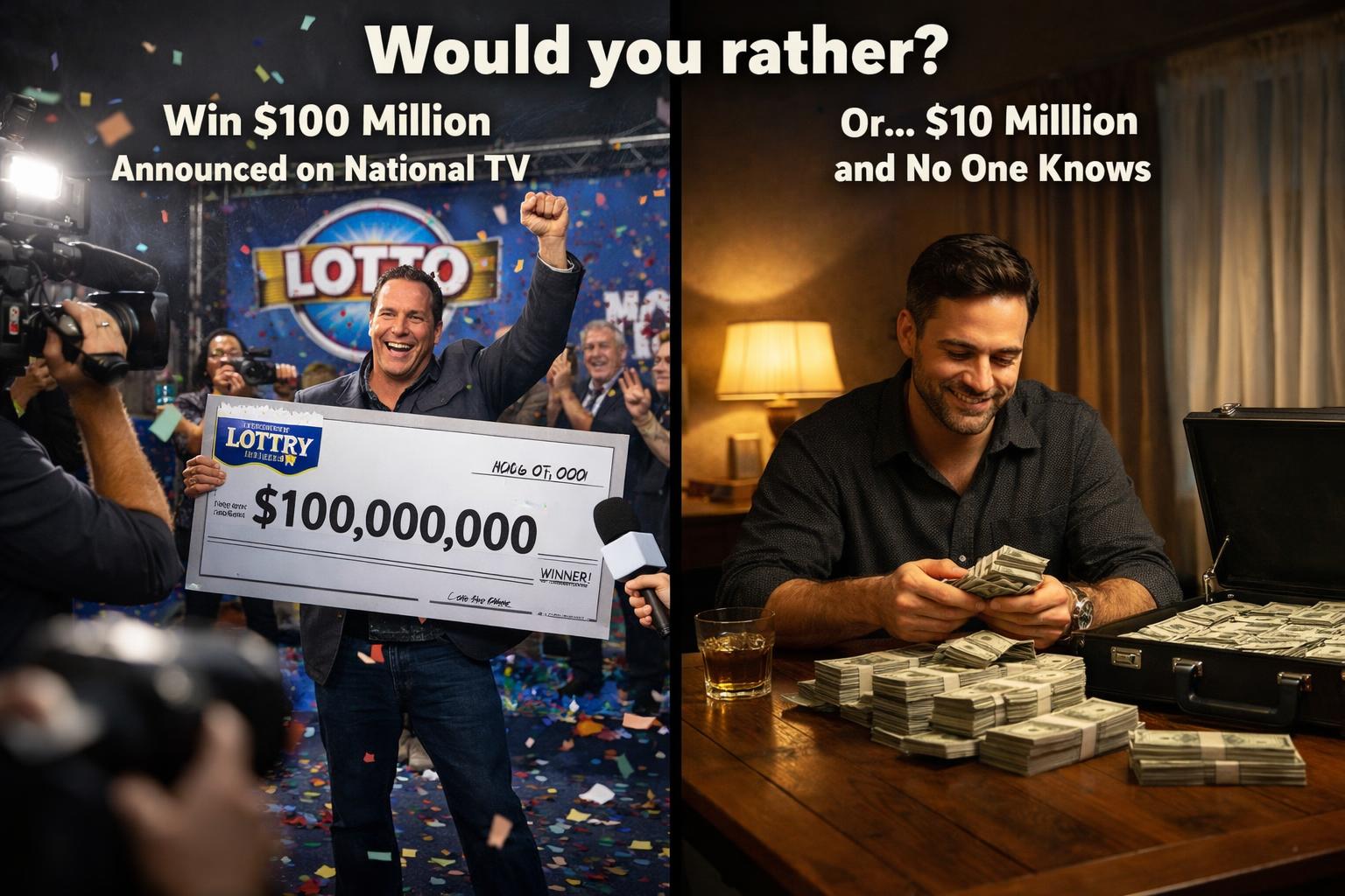 Would you rather win a $100 million lottery and have it announced on national TV or $10 million and no one else knows about it?