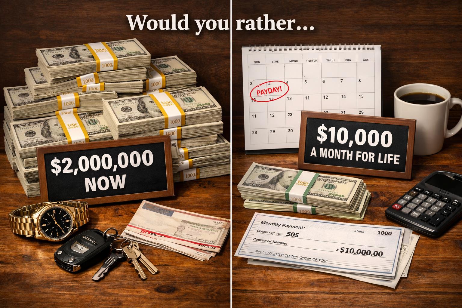 Would you rather have two million dollars now, or a guaranteed $10,000 a month for the rest of your life?