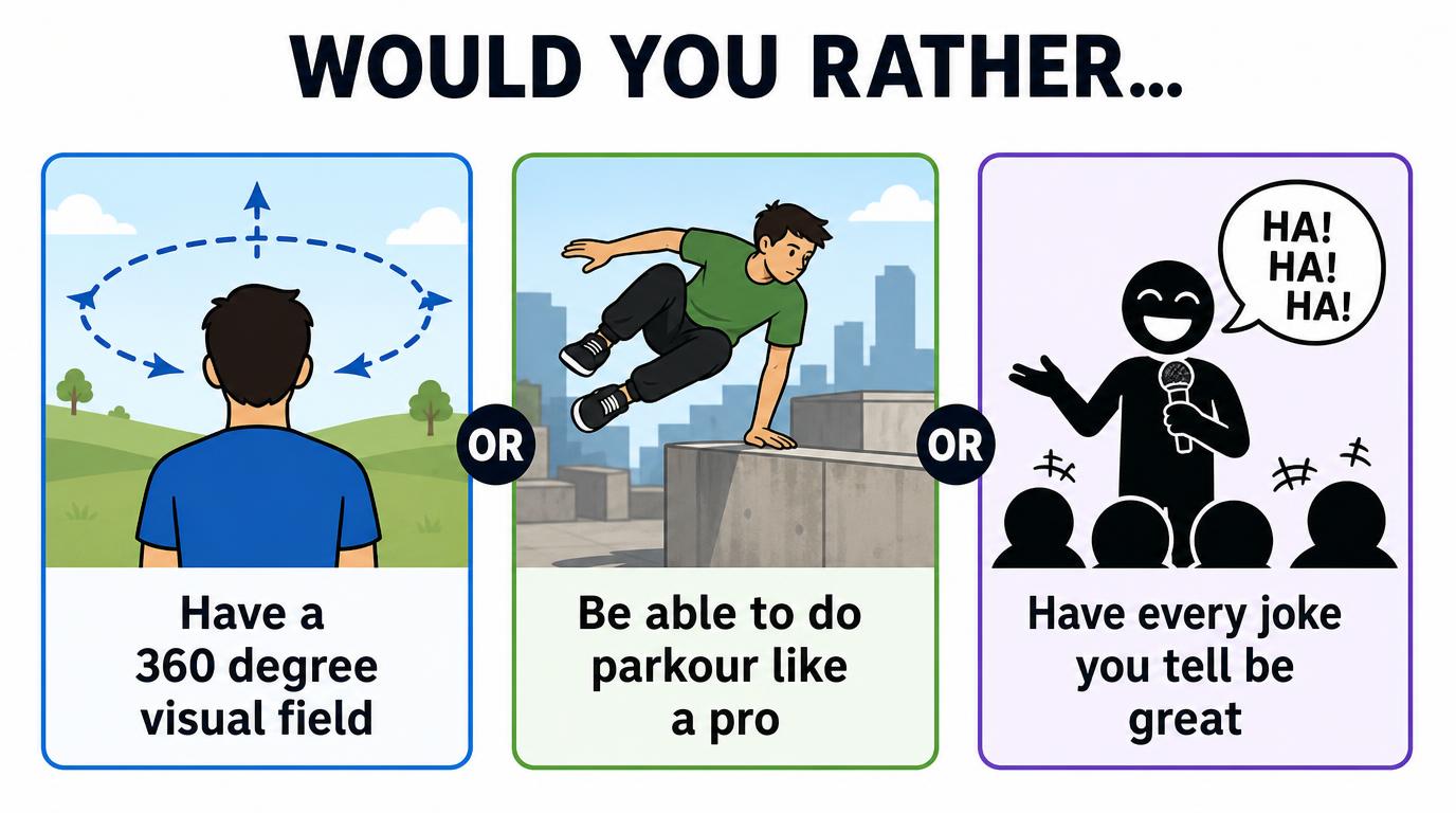 Would you rather have a 360 degree visual field, Be able to do parkour like a pro or have every joke you tell be great?