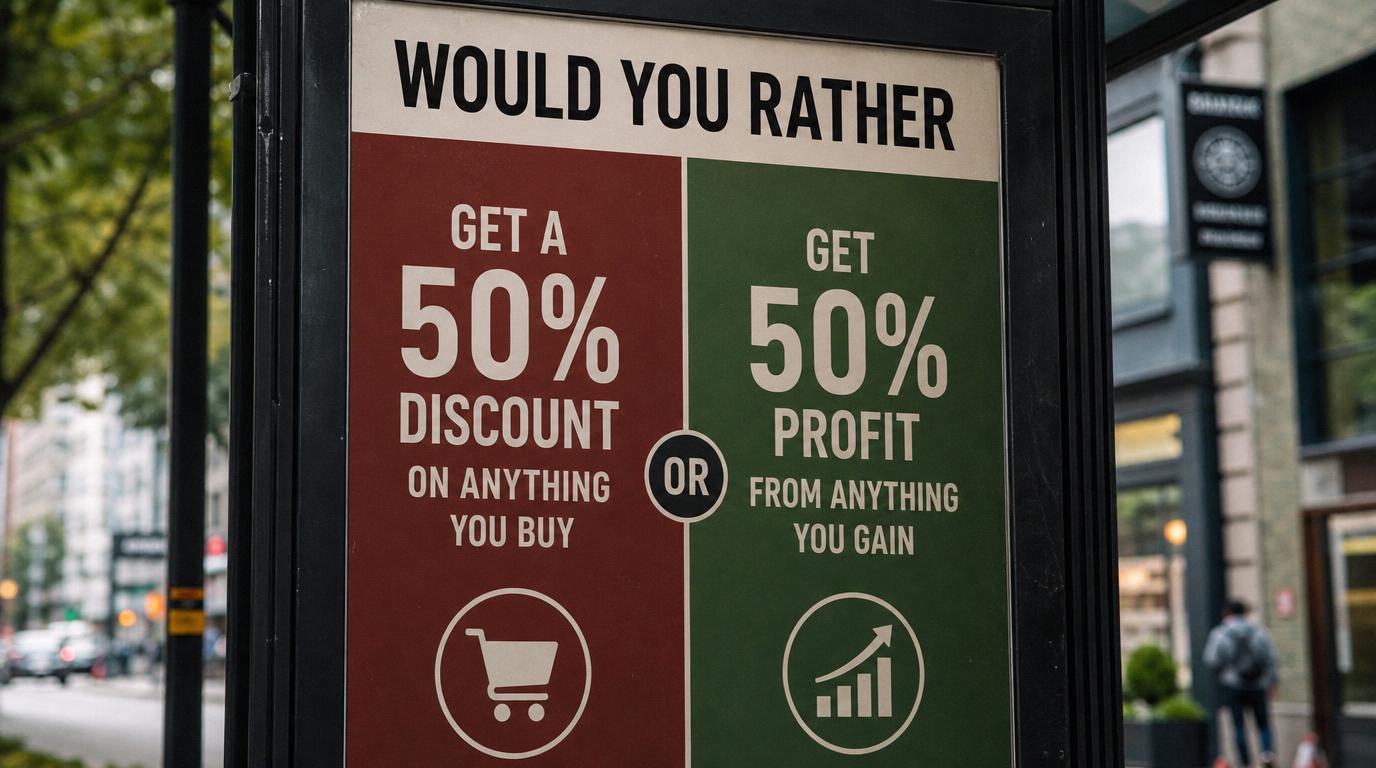 Would You Rather get a 50% discount on anything you buy or 50% profit from anything you gain?