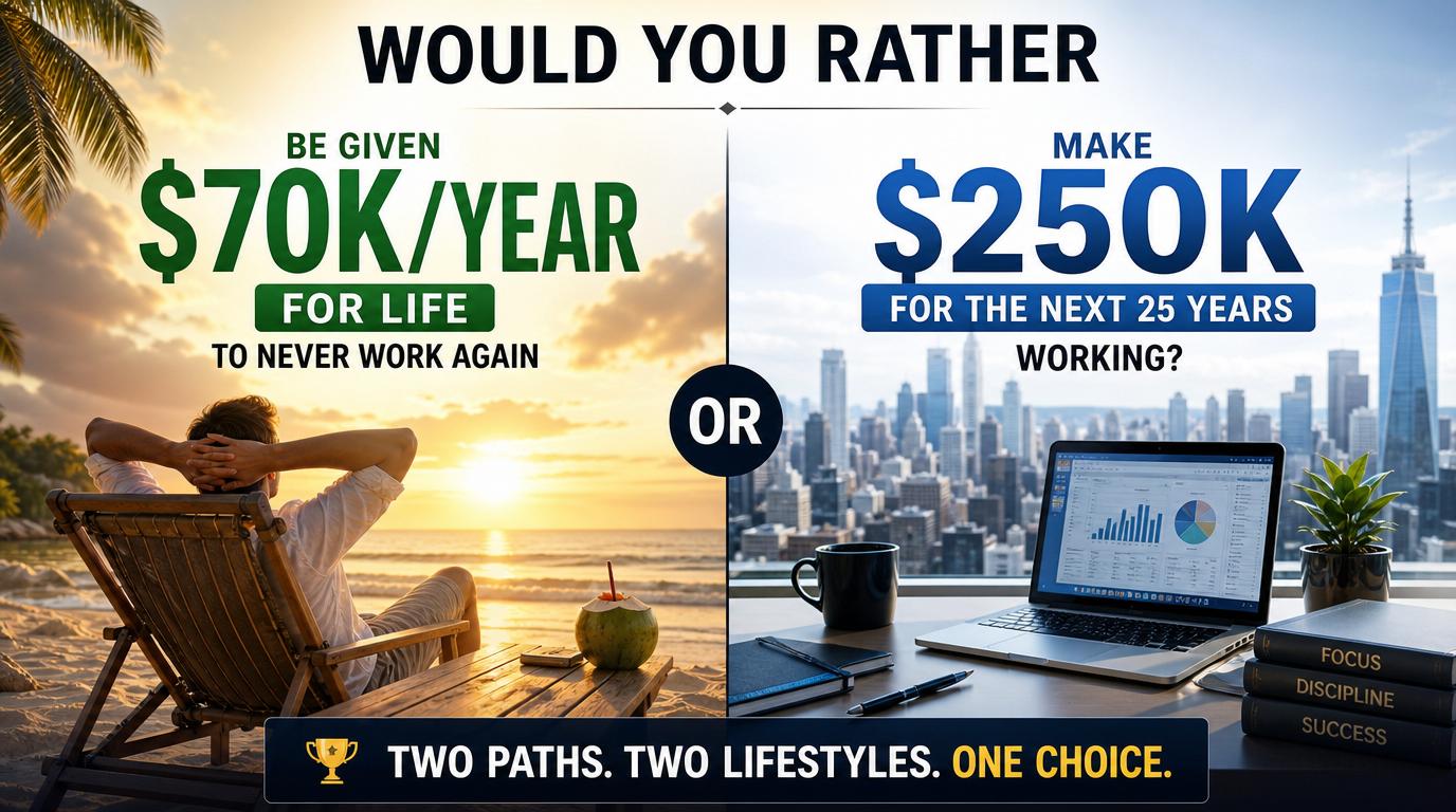 Would you rather be given $70k/year for life to never work again, or make $250k/year for the next 25 years working?