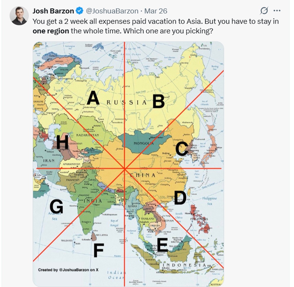 You get a 2 week all expenses paid vacation to Asia. But you have to stay in one region the whole time. Which one are you picking?