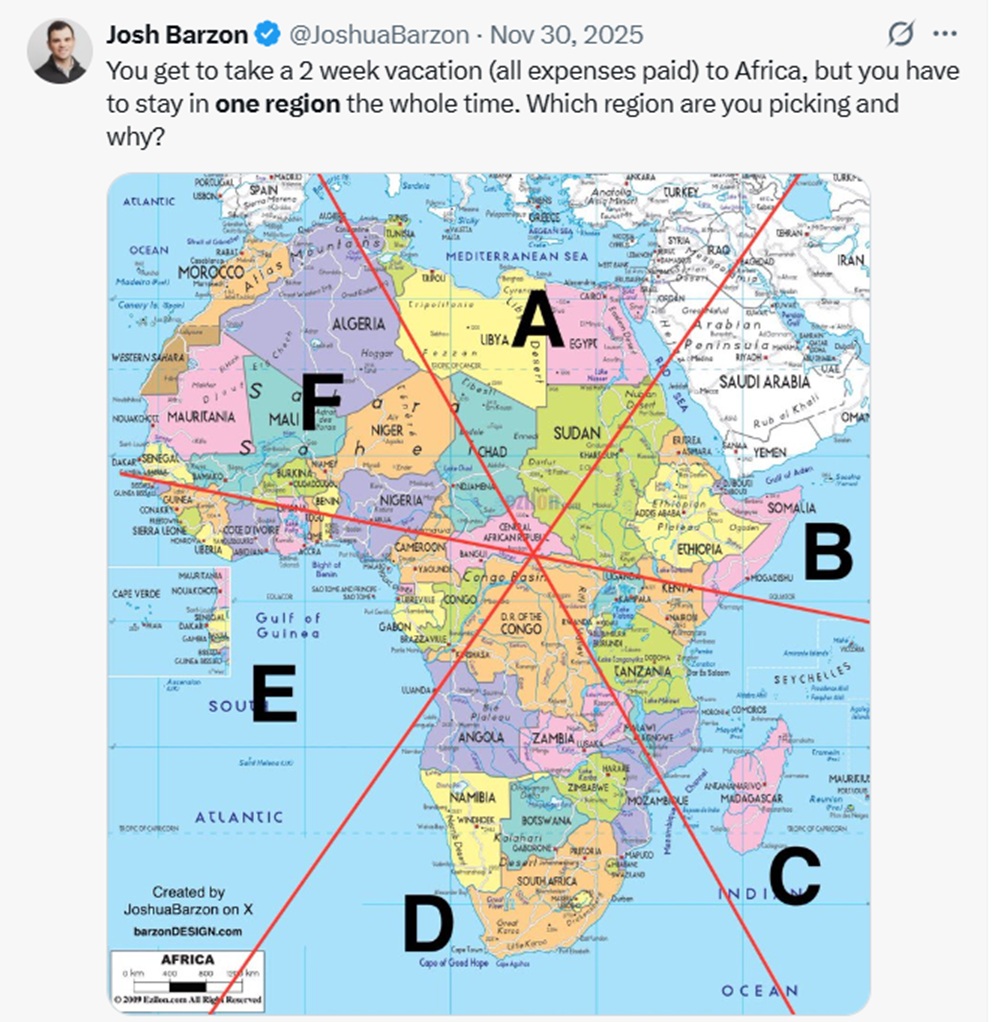  You get to take a 2 week vacation (all expenses paid) to Africa, but you have to stay in one region the whole time. Which region are you picking and why?