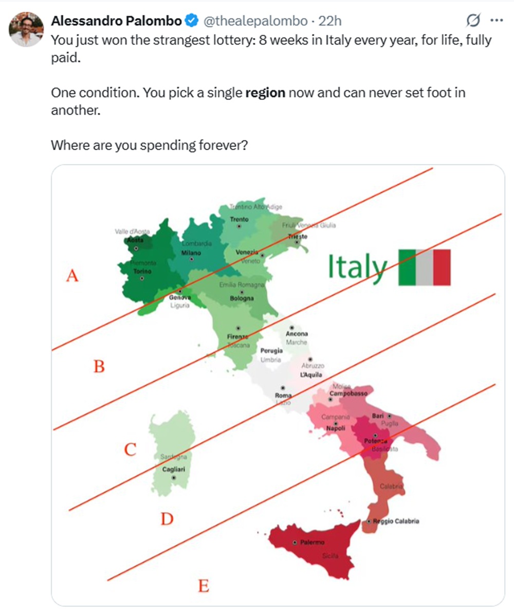 You just won the strangest lottery: 8 weeks in Italy every year, for life, fully paid.