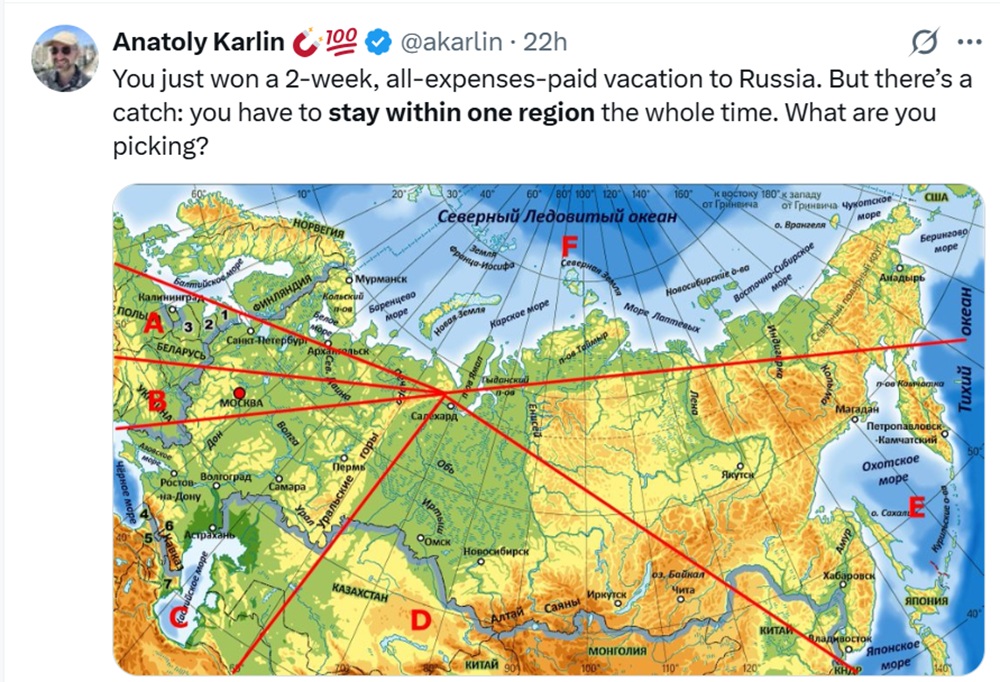 You just won a 2-week, all-expenses-paid vacation to Russia. But there’s a catch: you have to stay within one region the whole time. What are you picking?