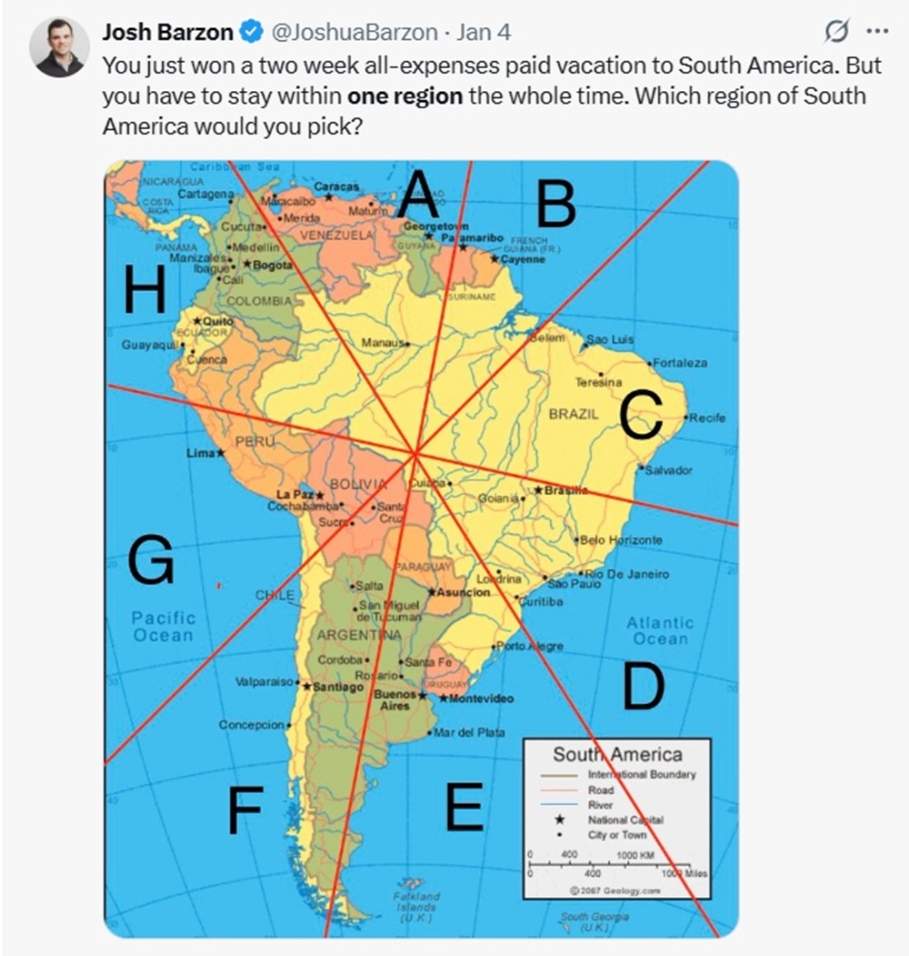 You just won a two week all-expenses paid vacation to South America. But you have to stay within one region the whole time. Which region of South America would you pick?
