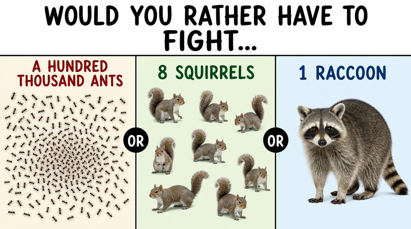 Would you rather have to fight a hundred thousand ants, 8 squirrels, or 1 raccoon?