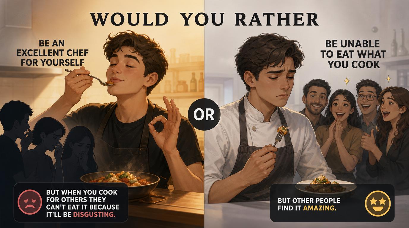 Would you rather be an excellent chef for yourself but when you cook for others they can’t eat it because it’ll be disgusting or would you be unable to eat what you cook but other people find it amazing?