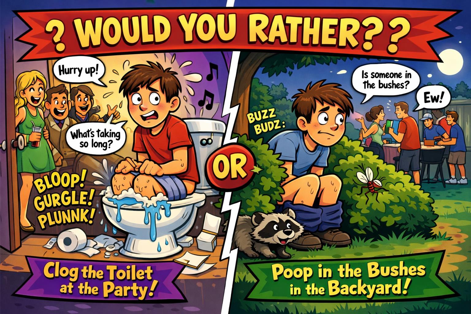 Would you rather poop in the only toilet at a party, knowing that you'll clog it, or poop in the bushes in the backyard? Please hurry