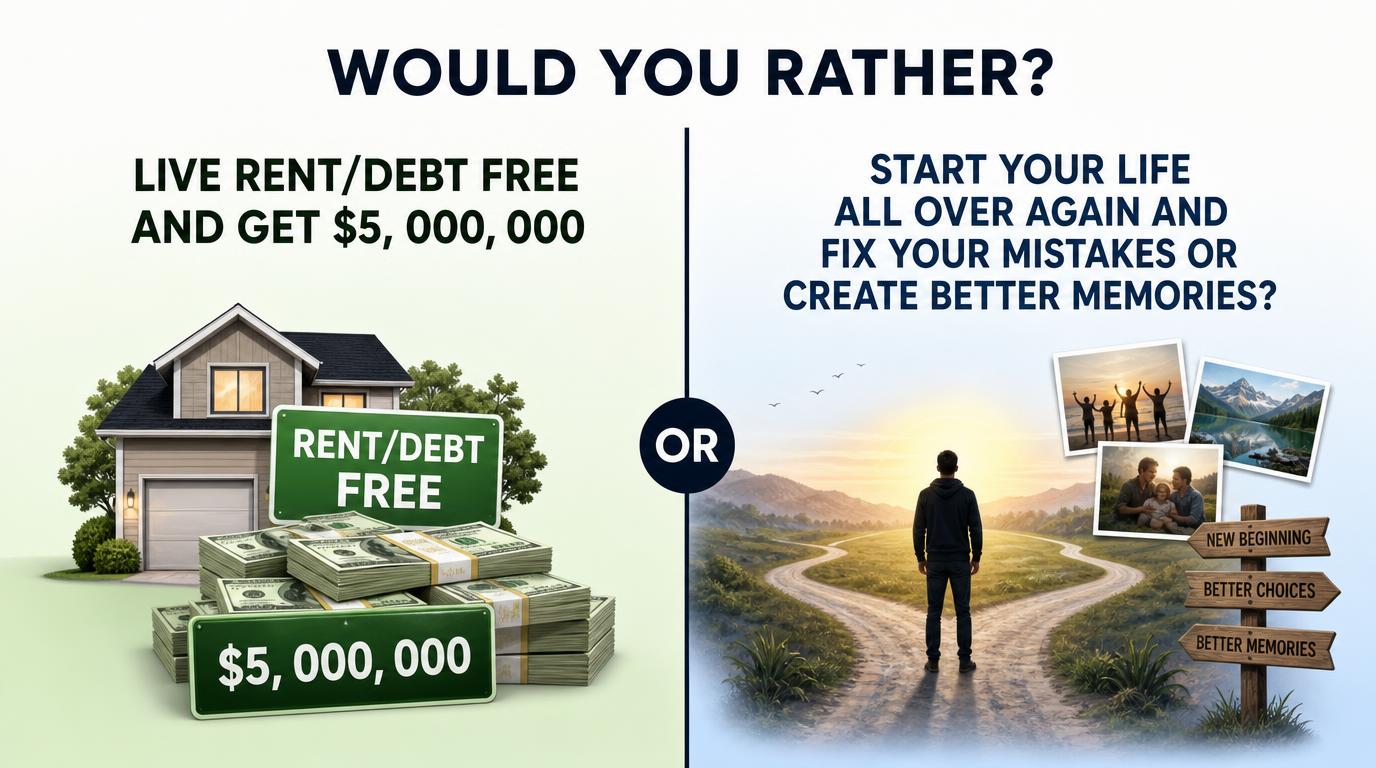 Would you rather live rent/debt free and get $5,000,000 OR start your life all over again and fix your mistakes or create better memories?