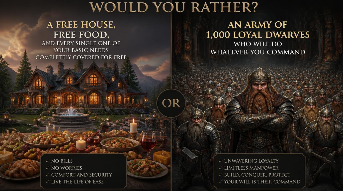 Would You Rather have a free house, free food, and every single one of your basic needs completely covered for free or would you rather have an army of 1,000 loyal dwarves who will do whatever you command?