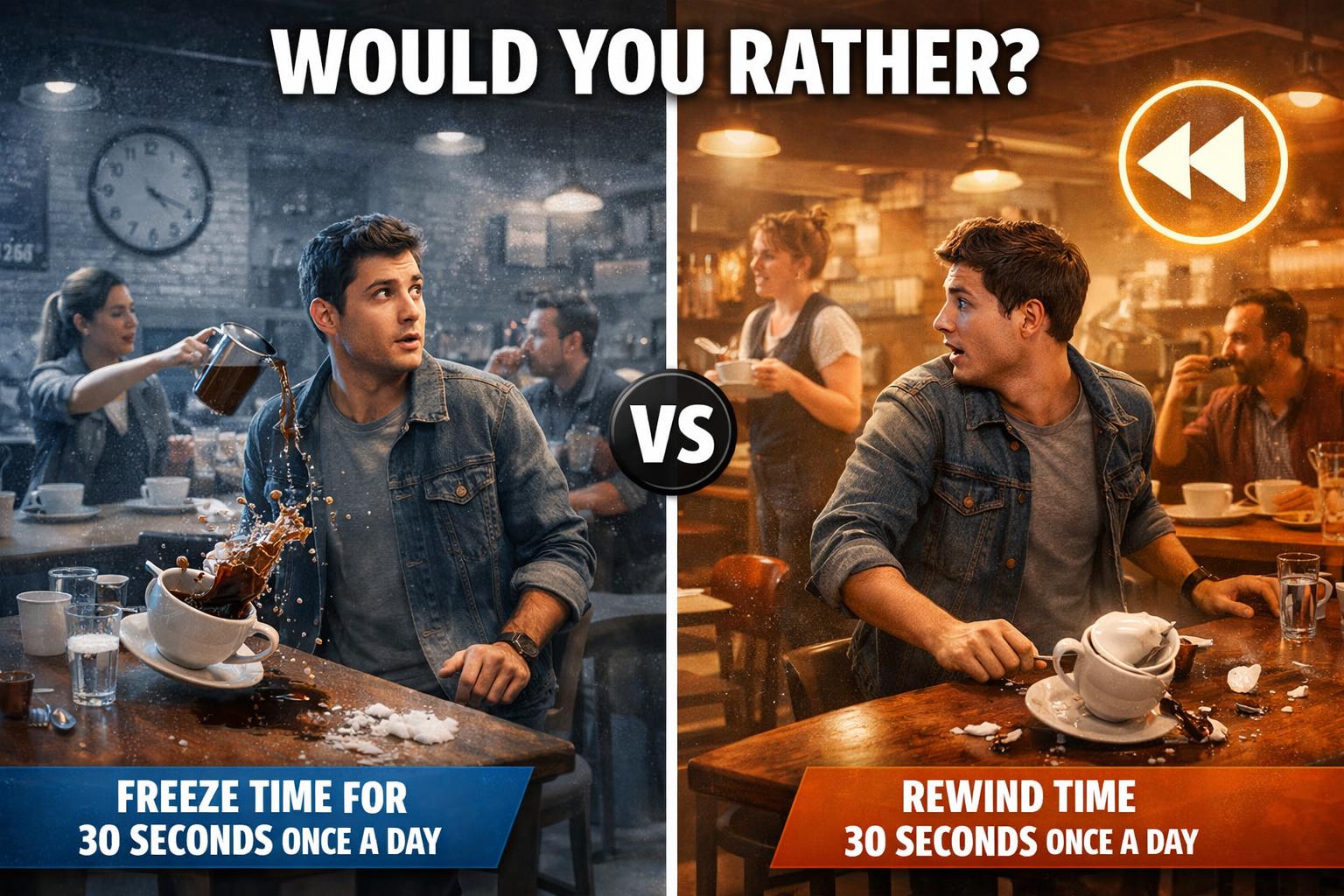 Would you rather have the ability to freeze time for 30 seconds once every day or rewind time 30 seconds once every day?