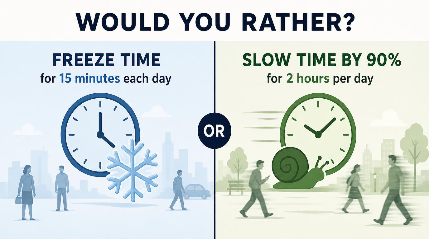 Would you rather freeze time for 15 minutes each day, or slow time by 90% for 2 hours per day?