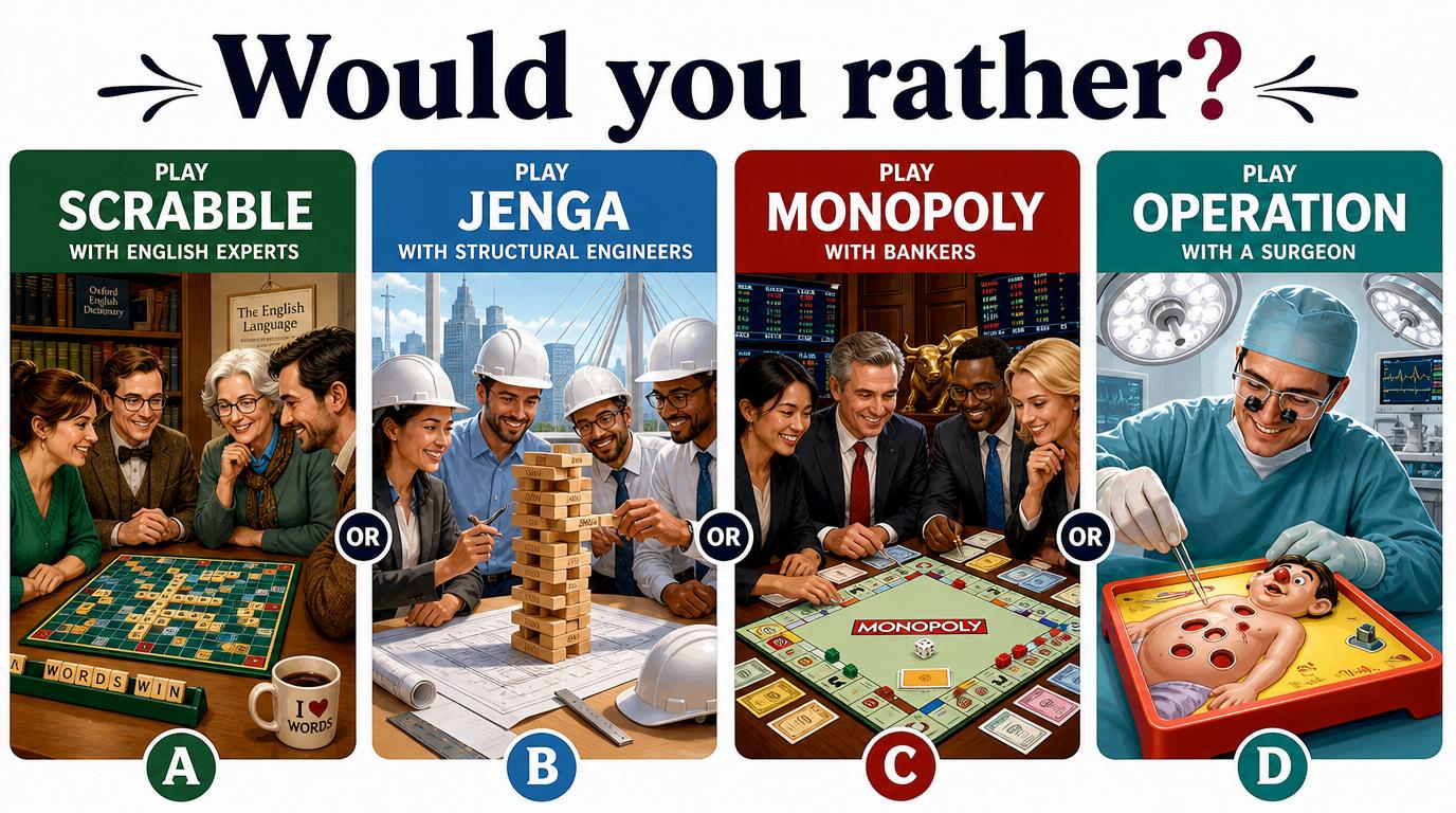 Would you rather play Scrabble with English experts, Jenga with structural engineers, Monopoly with bankers or Operation with a surgeon?