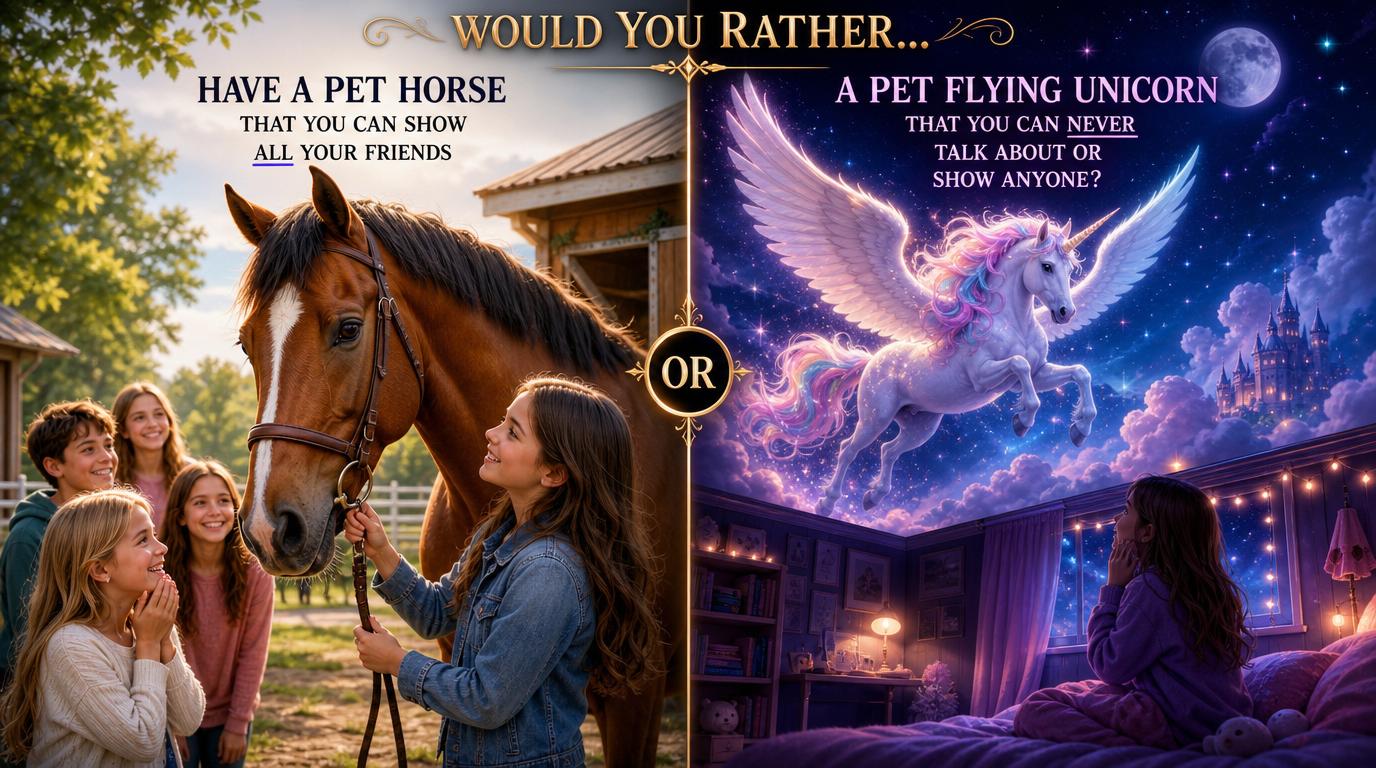 Would you rather have a pet horse that you can show all your friends or a pet flying unicorn that you can NEVER talk about or show anyone?