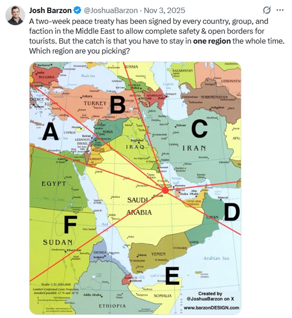 A two-week peace treaty has been signed by every country, group, and faction in the Middle East to allow complete safety & open borders for tourists. But the catch is that you have to stay in one region the whole time. Which region are you picking?