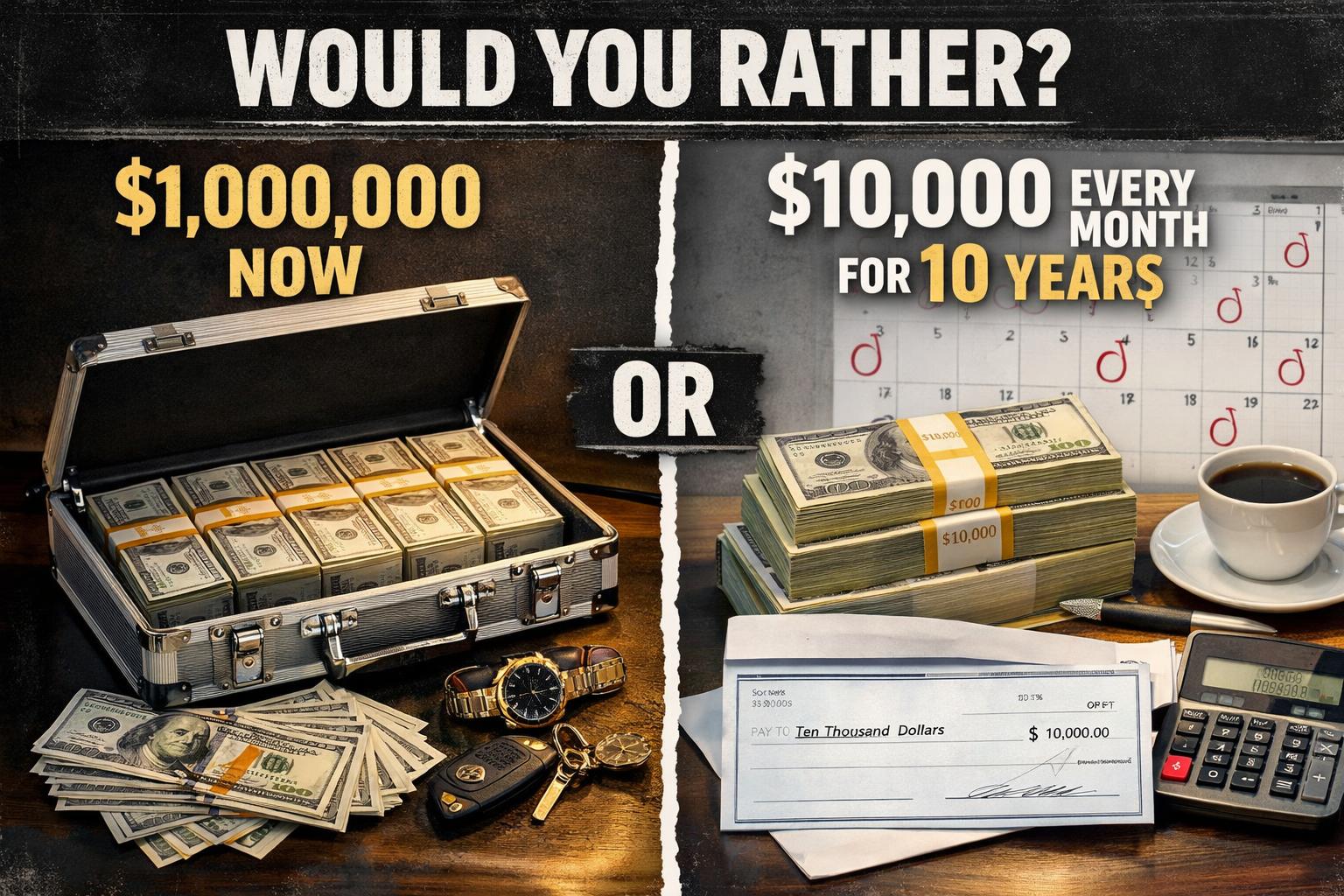 Would you rather get $ 1million now or get $10,000 every month for the next 10 years?