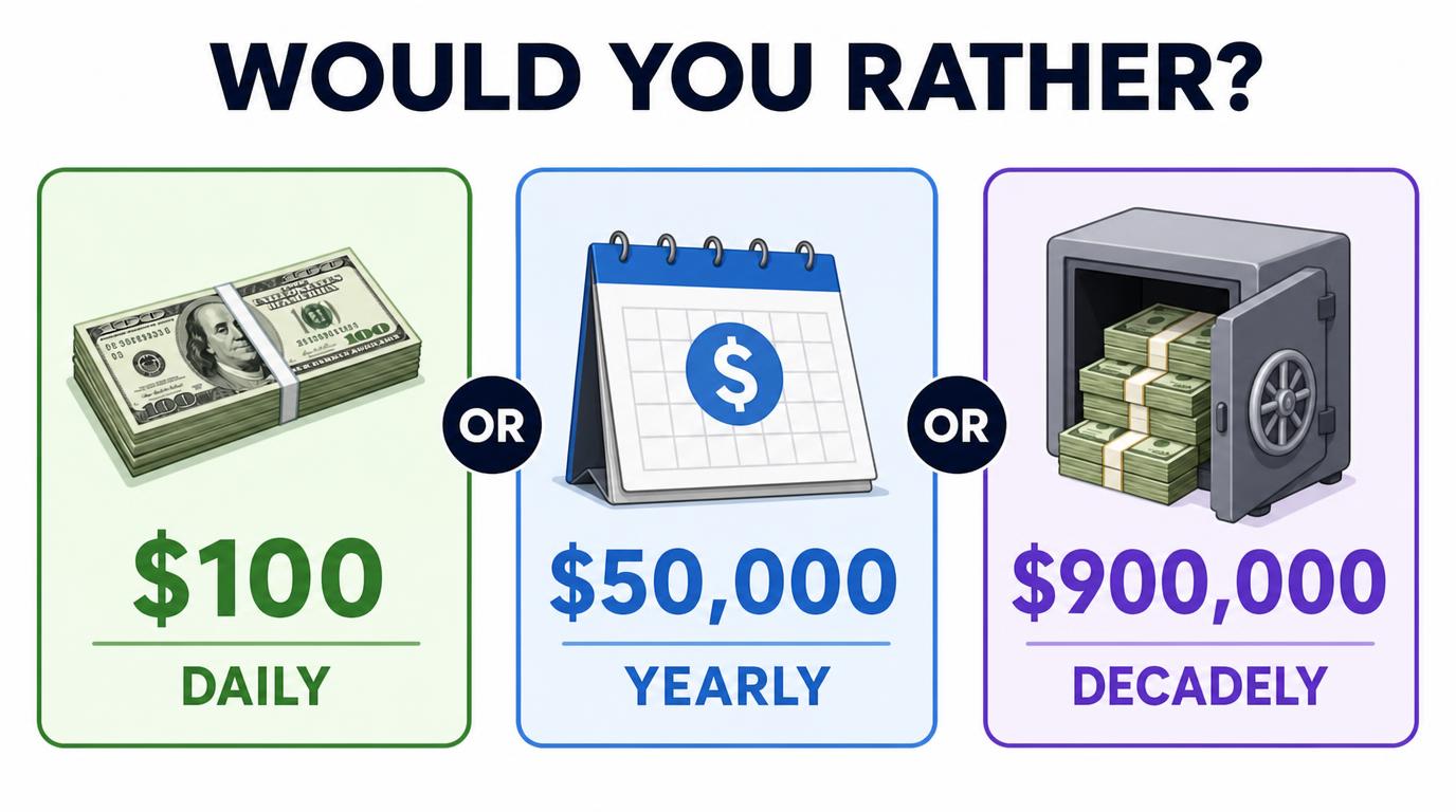 Would you rather get $100/daily, $50,000/yearly or $900,000/decadely?