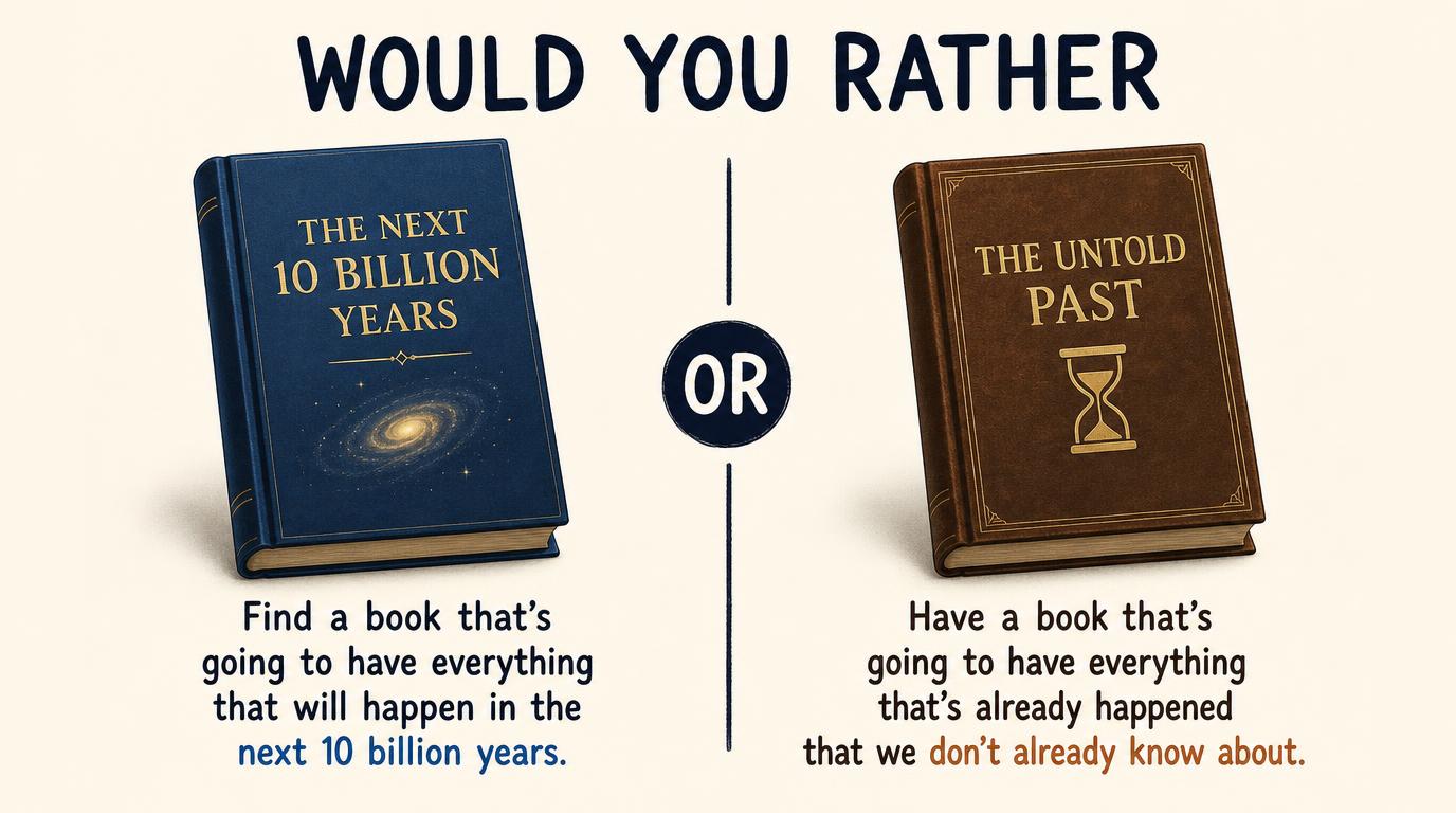 Would you rather find a book that’s going to have everything that will happen in the next 10 billion years OR have a book that’s going to have everything that’s already happened that we don’t already know about?