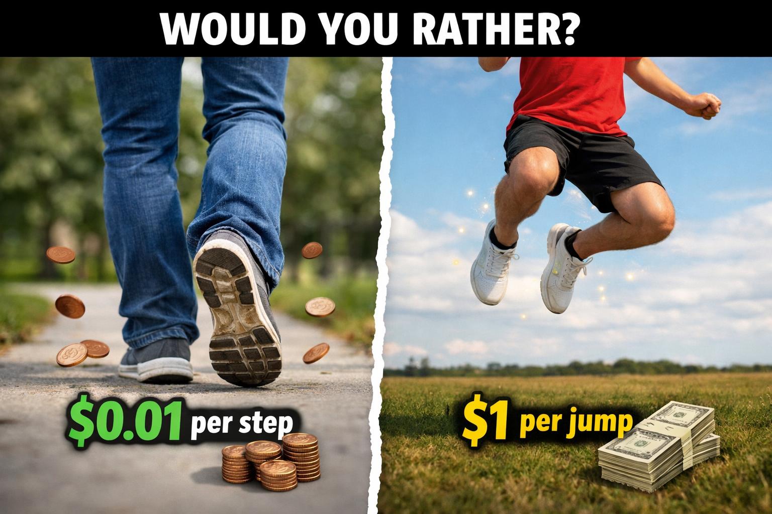 Would you rather earn $0.01 every time you took a step or $1 every time you jumped?