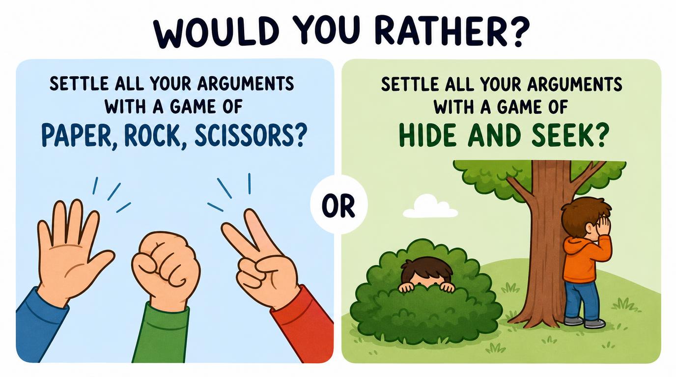 Would you rather settle all your arguments with a game of paper, rock, scissors or settle all your arguments with a a game of hide and seek?