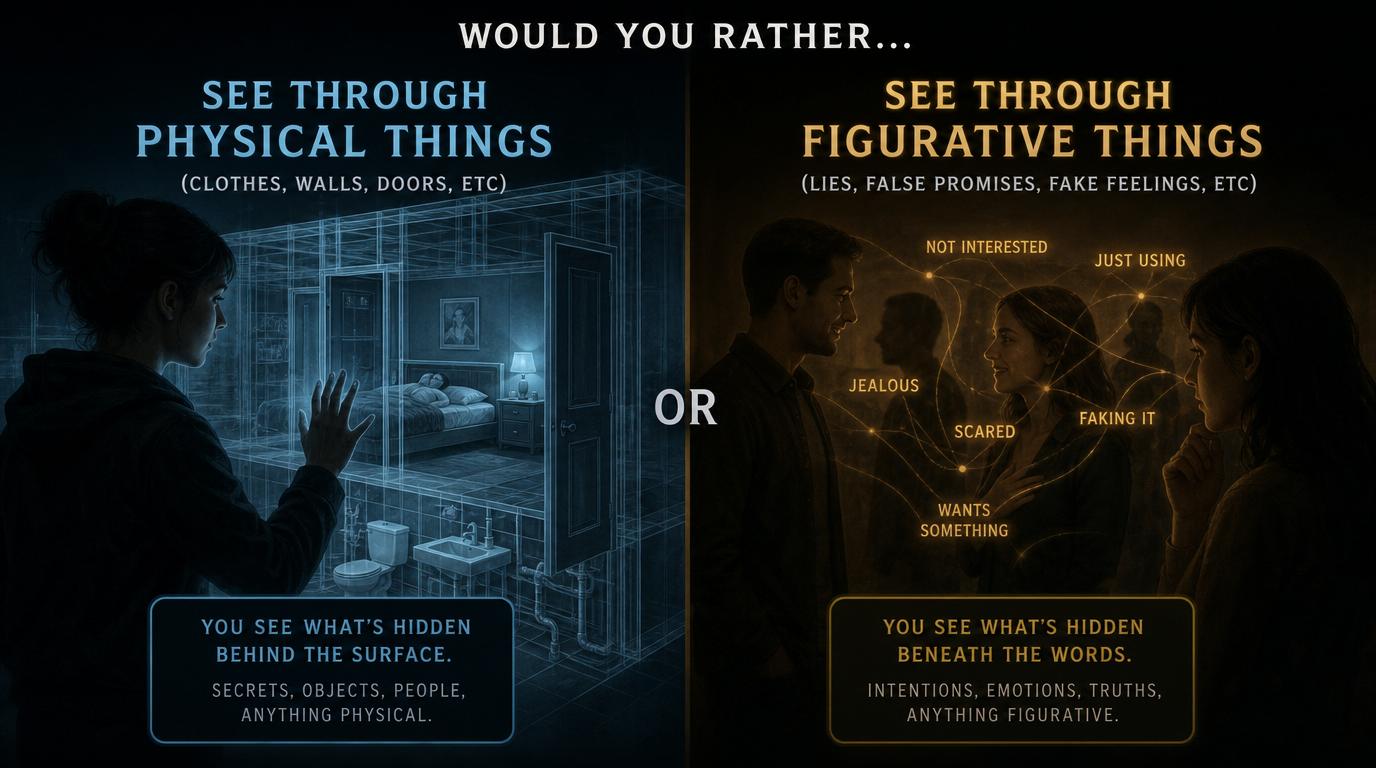 Would You Rather be able to see through Physical things (clothes, walls, doors, etc), or be able to see through Figurative things (lies, false promises, fake feelings, etc)