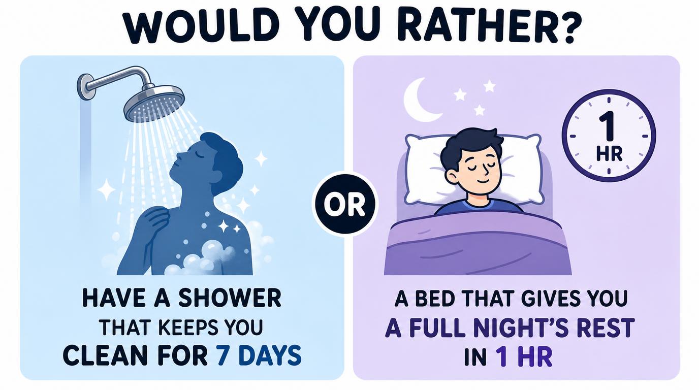 Would you rather have a shower that keeps you clean for 7 days or a bed that gives you a full night's rest in 1 hr?