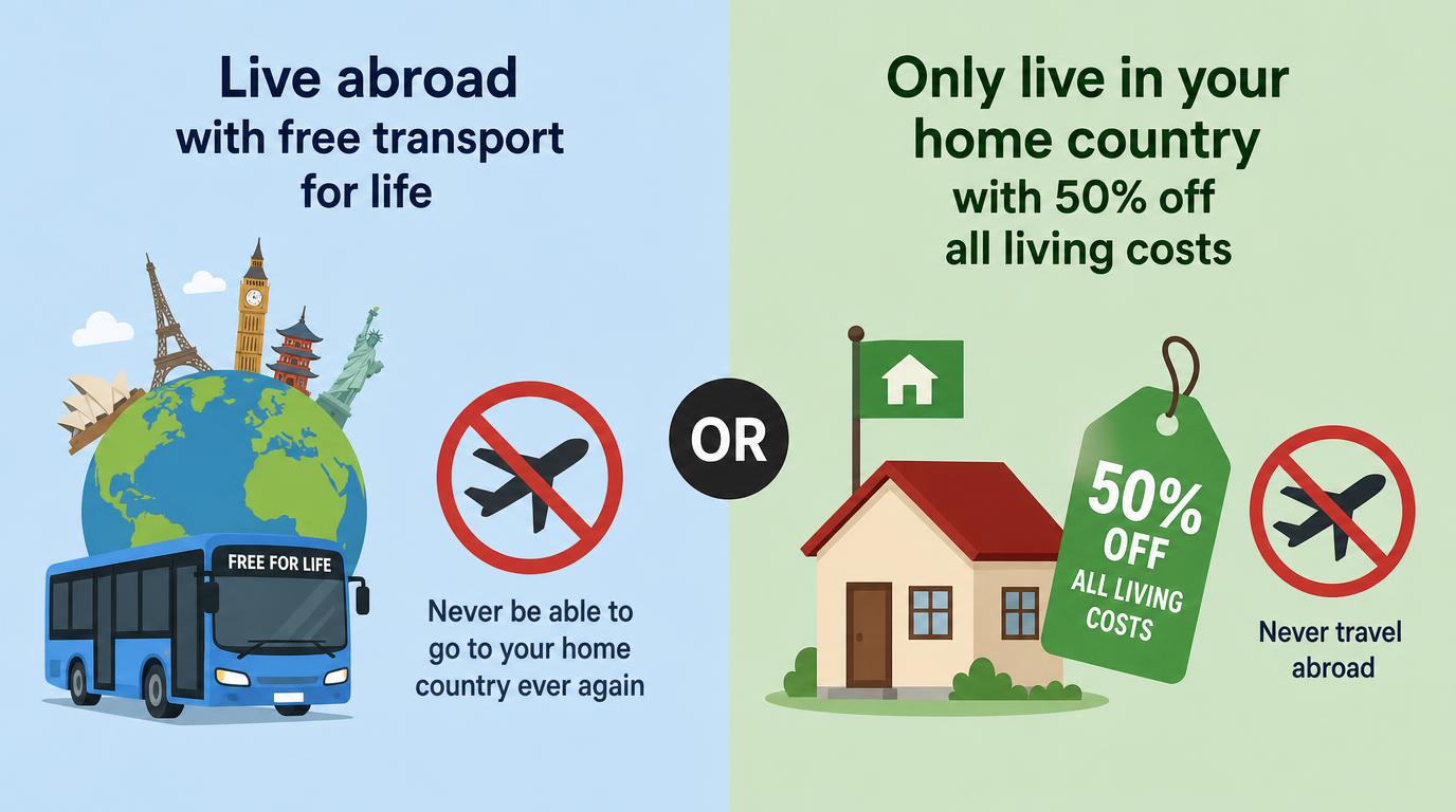 Would you rather live abroad with free transport for life but never be able to go to your home country ever again or only live in your home country with 50% off all living costs but never travel abroad?
