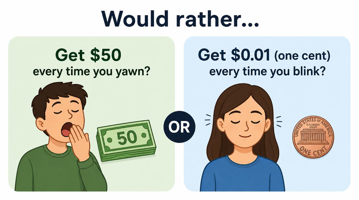 Would rather get $50 every time you yawn or get $0.01 (one cent) every time you blink?